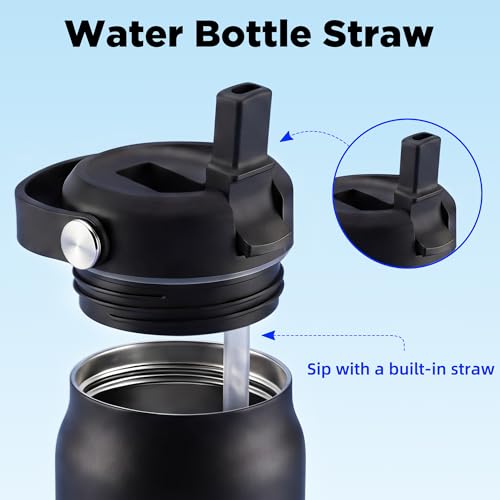 32 oz Insulated Water Bottle with Straw, Leakproof Stainless Steel Bottle with Handle, Non-Slip Silicone Sleeve, Internal Markings, Dishwasher Safe for Travel, Gym, Sports,Black - color: Black