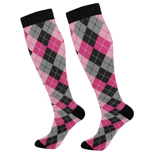 JUNZAN Buffalo Plaid Red Black Knee High Socks Compression Socks for Women Men Kid for Running Sports Nurse - color: Argyle Plaid Pink Black