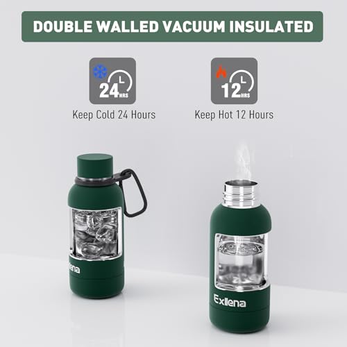 Exllena Small Water Bottle 12oz with Clip, Double Wall Stainless Steel Vacuum Small Insulated Water Bottle Keeps Drinks Cold 24 Hrs/Hot 12 Hrs for Kids Handbag School BPA Free (Emerald Green) - color: Emerald Green, size: 350 ml
