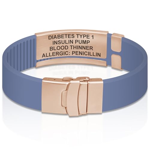 Divoti Custom Dual-Sided Engraved Silicone Medical Alert ID Wristband w/Security Clasp & Trim-to-Fit Band - Style - color: Carmella Blue / PVD Rose Gold / Black, size: Band Width - 19mm