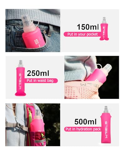 WRELS TPU Soft Flask Lightweight Portable Reusable Water Bottle,BPA Free Collapsible Flask for Hydration Pack in Running Hiking Cycling and Marathon - color: Pink-150ML*2