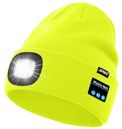 ATNKE LED Lighted Bluetooth Beanie Hat,USB Rechargeable 4 LED Wireless Music Running Headlamp Cap Gift for Men and Women - color: #Fluorescent Yellow