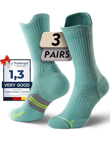 Juclise Women's Compression Crew Running & Hiking Socks, 3 Pairs, Cushioned - color: Frosty Green, size: Medium
