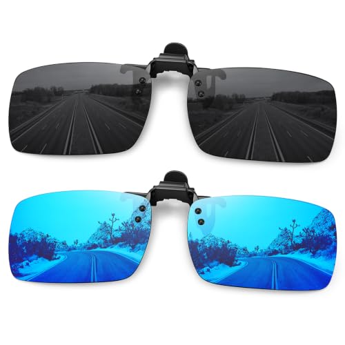 MEETSUN Polarized Clip On Sunglasses for Men Women, Fit Over Glasses - color: 2pack-black+blue
