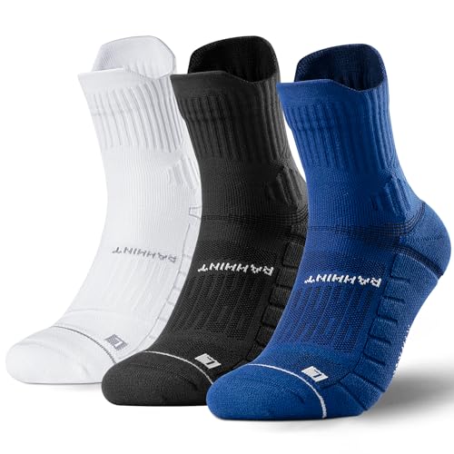 Rahhint CoolMax Quarter Compression Running Socks for Men Women, Wicking Cushion Athletic Hiking Socks 3 Pairs - color: Whiteblackdarkblue, size: 13-16