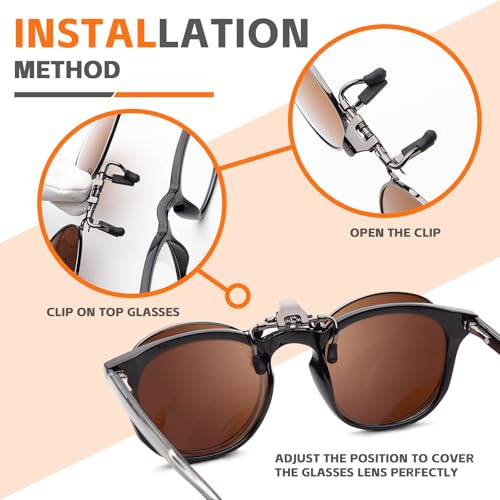 JO Polarized Clip-On Sunglasses UV400 Anti-Glare Lenses with Metal Frame Round - color: Brown, size: 52 mm
