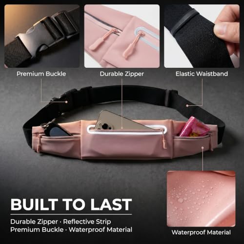 Running Belt for Women Men, Slim No-Bounce Waist Pack, Water Resistant Reflective Phone Holder Fits Phones up to 7.5 inch, Adjustable Fanny Pack for Running Jogging Hiking (Pink) - color: Pink