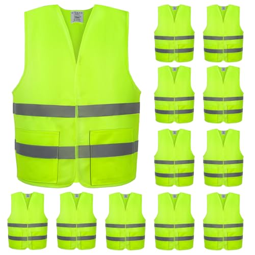 12 Pack Safety Vests with Pockets Yellow Reflective High Visibility,Hi Vis Silver Strip for Men Women Cycling Running Surveying Volunteer Crossing Guard - color: Yellow, size: Medium