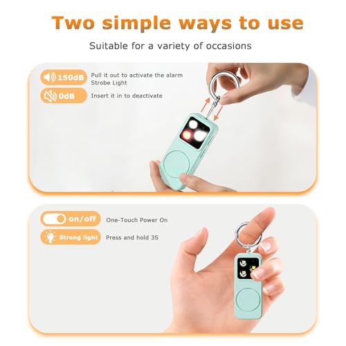 Personal Safety Alarm for Women, Rechargeable 150dB Keychain Alarm with Strobe Light and Pull Pin, Emergency Alarm for College Students, Travel, Walking, Campus Safety and Gift Giving - color: Cyan