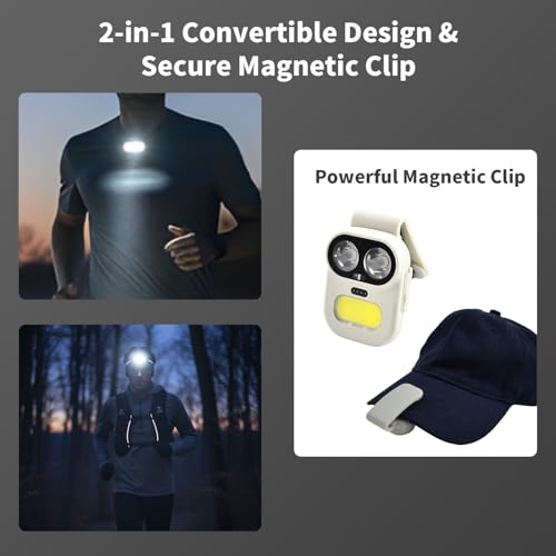 Robot Headlamp with Magnetic Clip & Wave Sensor, 2-in-1 Convertible Clip Light, 6 Modes, 700mAh Type-C, IPX4 Waterproof, for Running Cycling Camping (White)