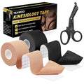 TEAWO Kinesiology Tape 2 Rolls (2in X 16.4Ft) – Waterproof, Hypoallergenic, Latex-Free Athletic Tape, Muscle & Joint Support for Sports Recovery (Beige & Black with Bonus Specialized Scissors)