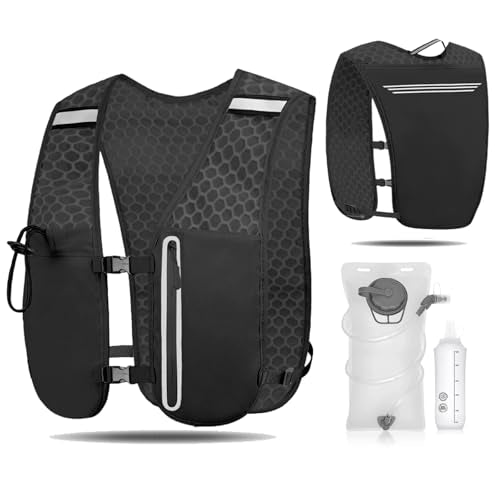 Unisex Running Hydration Vest Backpack with 2L Bladder & 500ml Soft Flask, Lightweight Adjustable Trail Running Vest for Men Women, Large Phone Pocket, Reflective Marathon Hiking Gear