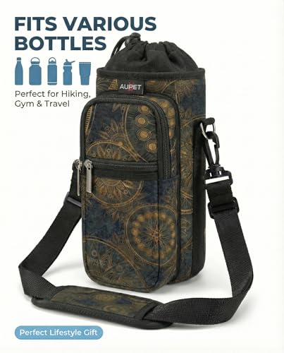 AUPET Water Bottle Sling Bag Sleeve Holder Carrier 25/32/40/64 oz,Insulated Crossbody Water Bottle Case Cover with Strap and Pockets for Men/Women Walking Hiking - color: stylish, size: 64oz