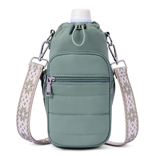 Water Bottle Bag 40 oz Crossbody Holder for Walking Hiking Insulated Carrier Purse with Adjustable Strap - color: Green