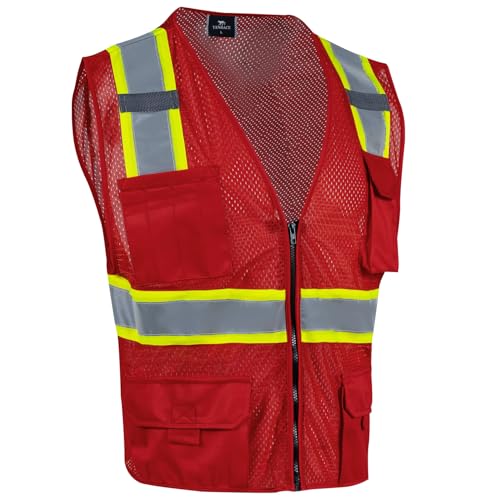 VENDACE Hi Vis Safety Reflective Mesh Vest for Men ANSI Class 2 High Visibility Vest with 8 Pockets and Zipper Red