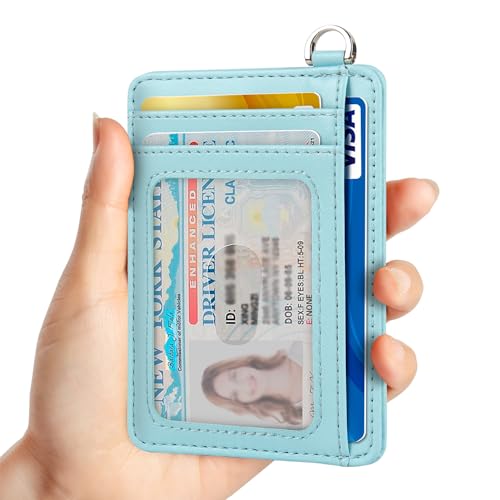 Slim Minimalist Front Pocket Wallet, RFID Blocking Credit Card Holder Wallet with Integrated D-Shackle for Men Women - color: Cowhide Fresh Blue