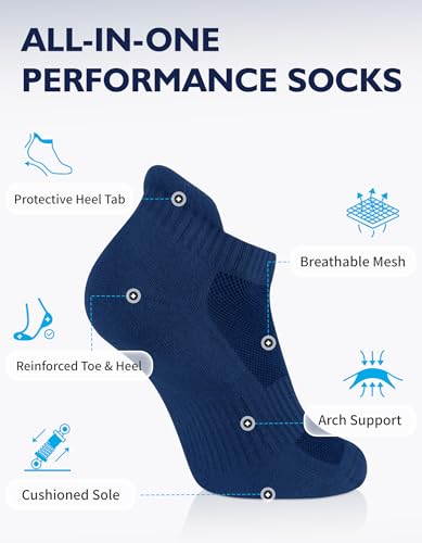 CLOSEMATE Mens Athletic Ankle Socks Cushioned Cotton 7 Pairs - color: 2navyblue2bluegrey2armygreen, size: 12-15