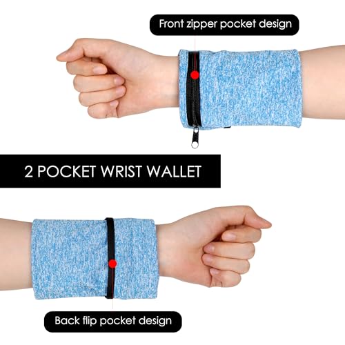 2 Pack Wrist Wallet Wristband with Zipper, 2 Pocket Wrist Pouch for Keys ID Cards Cash, Sports Sweatband for Running, Gym, Outdoor Activities