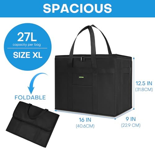 JUNGYOON Heavy-Duty Insulated Grocery Bags & Insulated Bag – Collapsible Cooler Bag with Zippered Top - color: 1 Pack-Black-27L, size: 16''x9''x12.5''