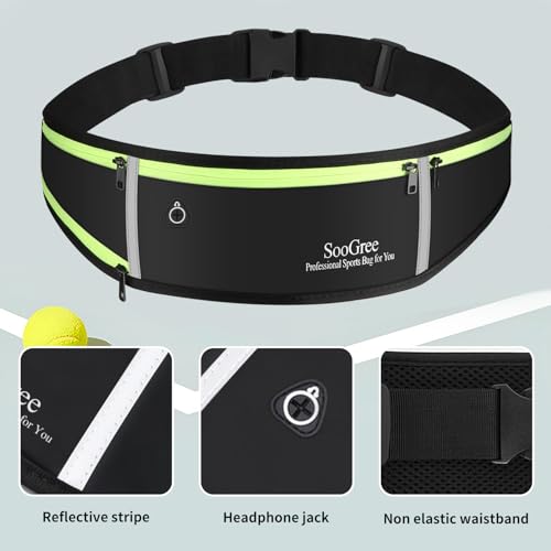 SooGree Men Women Running Waist Pack, Adjustable Waterproof Fanny Pack with Reflective Strip, Runner Belt for Running Walking Cycling Camping Gym - color: Black-Green