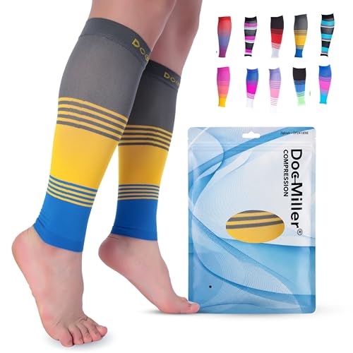 Doc Miller Calf Compression Sleeve 20-30 mmHg for Men & Women, 1 Pair - color: GrayYellowBlue, size: Small