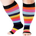 Abodhu Plus Size Compression Socks Open Toe Compression for Women& Men 15-20mmHg Wide Calf Knee High Toeless Compression Sock - color: Rainbow Stripes, size: 3X-Large-4X-Large