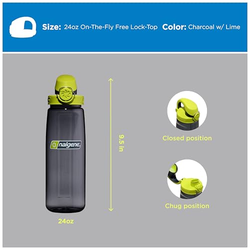 Nalgene 24 oz On The Fly Lock-Top Water Bottle, Charcoal w/Lime - color: Charcoal with Lime, size: 24 Ounces