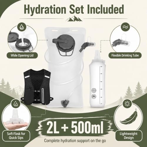 Unisex Running Hydration Vest Backpack with 2L Bladder & 500ml Soft Flask, Lightweight Adjustable Trail Running Vest for Men Women, Large Phone Pocket, Reflective Marathon Hiking Gear