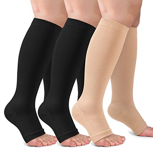 CTHH Toeless Compression Socks for Women & Men Open Toe Knee High Stocking - color: Nude/Black/Black, size: Small-Medium