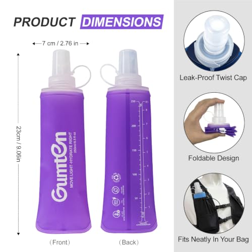 2 Pack Soft Flask 250ml TPU Collapsible Soft Water Bottle BPA-Free for Hydration Pack Jogging Running Hiking Cycling Camping (Purple) - color: Purple