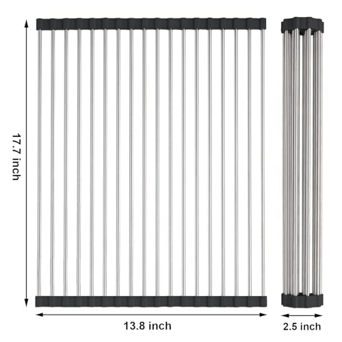 Searik Dish Drying Rack Roll Up Sink Drying Rack, Over The Sink Dish Rack Multi-Use Stainless Steel Dish Drainers Heat Resistant Mat for Drying Draining Trivet (17.7"x13.8") - color: Black, size: 17.7"x13.8"