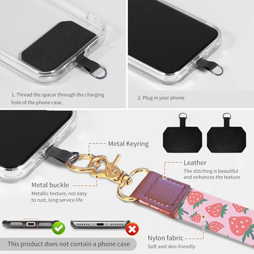 Cell Phone Lanyard Adjustable Crossbody Strap, Cute Phone Neck Wristlet Wrist Strap Patch for Keys Case Accessories - color: Pink Red Strawberry