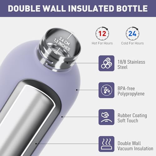Exllena Small Water Bottle 12oz with Clip, Double Wall Stainless Steel Vacuum Small Insulated Water Bottle Keeps Drinks Cold 24 Hrs/Hot 12 Hrs for Kids Handbag School BPA Free (Purple) - color: Purple, size: 350 ml