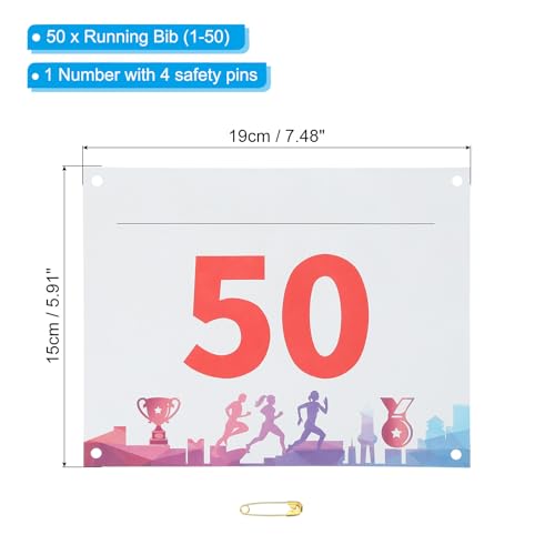 PATIKIL Tearproof Running Bib Numbers, Medals Waterproof Race Competitor Numbers with Safety Pin for Marathon Sports Game Competition Runner - style: 1-50