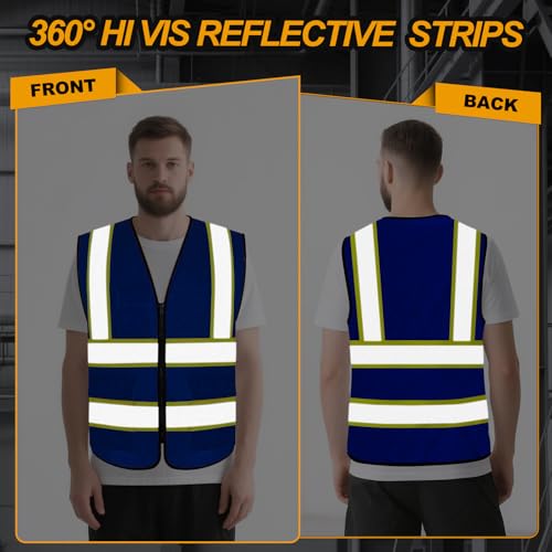 Safety Vest for Men 5 Pockets Mesh High Visibilitv Vest, Blue L - color: Blue, size: Large