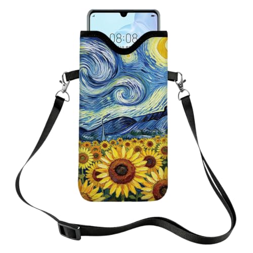 GLOBLELAND Starry Sky Sunflower Cell Phone Sleeve Pouch Case Bag 7.1×3.9 inch Shockproof Universal Phone Bag with Crossbody Strap Neck Lanyard for Women Men Phone Headphones Watch - color: Starry Sky Sunflower