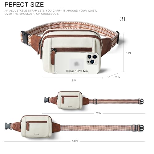 LATMAP 3L TRIPLE ZIP Fanny Packs Belt Bag For Women Men Crossbody Waist Pack Sling Chest Bum Travel Bag Purse Faux Leather Fashion Cute Beige - color: Beige W/ Brown Trim