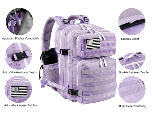 LHI Tactical Military Backpack for Men and Women 25L/35L Army Assault Pack Bag Small Rucksack with Bottle Holder - color: 35l-light Purple, size: Medium