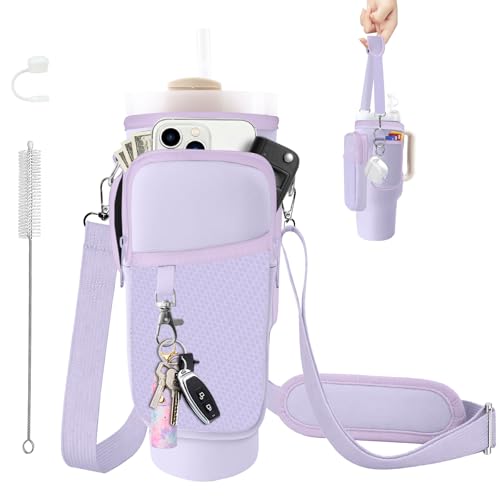 Water Bottle Carrier Bag for Stanley Cup 40/30oz, Neoprene Water Bottle Holder Pouch with 3 Pocket Adjustable Shoulder & Hand Strap - color: Rose Red