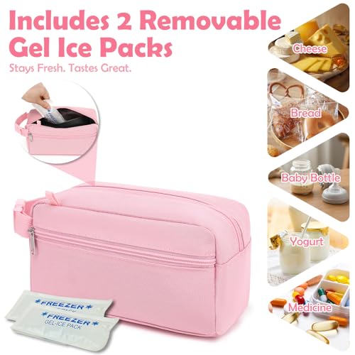Fammart Freezable Snack Bag with Removable Ice Packs, Small Insulated Lunch Bag Mini Cooler, Leakproof Reusable Snack Lunch Box with Buckle Handle for Work, Travel, Office - Pink - color: with Ice Packs - Pink