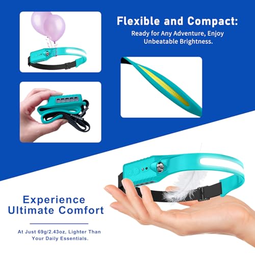 Nessciera Rechargeable LED Headlamp (Blue), 400 Lumens, 230° Wide Beam, USB-C, IPX4, 5 Modes — Lightweight, Adjustable Headband; Hard Hat Clips for Camping, Hiking, Running & Repairs, Gift - color: Blue