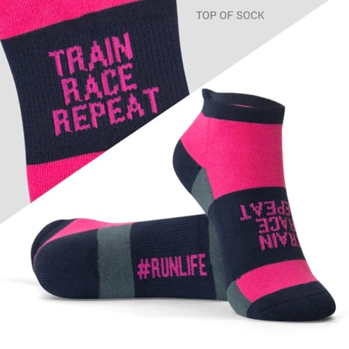 Gone For a Run Motivational Ankle Running Socks - Affirmation Runners Gifts - color: Train Race Repeat (Pink/Navy)