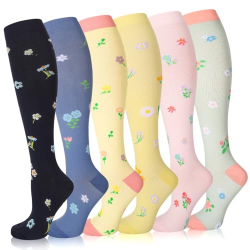 6 Pairs Compression Socks for Women Men Knee High - color: Flowers, size: Small-Medium