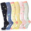 6 Pairs Compression Socks for Women Men Knee High - color: Flowers, size: Large-X-Large