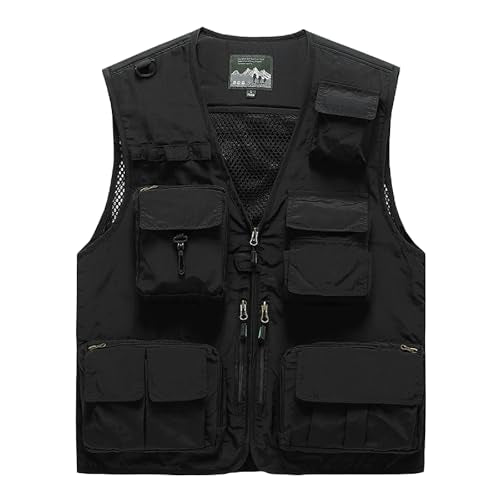 Saukiee Mens Vest Lightweight Vest Men Fishing Travel Work Pesca Safari Combat Hunting Cargo Vest Jacket with Pockets M - color: Black, size: Medium