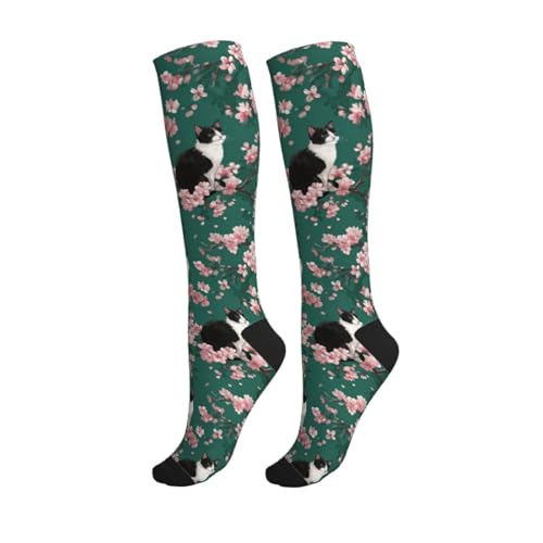 Cute Compression Socks Knee High Support Stockings Women Men - color: Cute Black Cat Floral