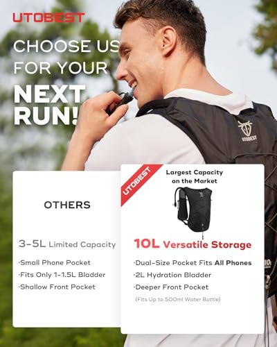 UTOBEST Running Vest Lightweight Hydration Pack 10L UTR110 - color: Black (with 2L Bladder), size: XL (Chest Size:40-45inch)