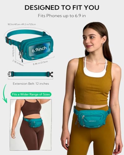 WATERFLY Small RFID Fanny Pack: 1.5L Waist Bag 12" Extender Belt for Hiking - color: Peacock Blue