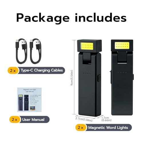 Mcbazel 2 Pack Magnetic Work Light, Rotating Rechargeable Portable LED COB Light with Clip-On Design, 3 Lighting Modes Flashlight for Car Repair, Camping, Work and Emergency