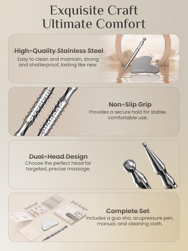 Rena Chris Acupuncture Pen and Gua Sha, Manual Reflexology Tools for Muscle Tension and Pain Relief, Acupressure Pen and Stainless Steel Gua Sha Set with Reflexology Chart, Easy to Use - size: 2 Piece Set